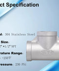 Three Quarter Inch NPT Tee Stainless Steel 304 Female Pipe Fitting, Three Way Cast Hose Fitting For Gas Oil Water Lines, Pack Of Two