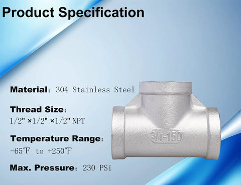 Three Quarter Inch NPT Tee Stainless Steel 304 Female Pipe Fitting, Three Way Cast Hose Fitting For Gas Oil Water Lines, Pack Of Two