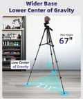 Badass 67 Inch Aluminum Laser Level Tripod with wider base for stability, showing max height of 67 inches and low center of gravity.