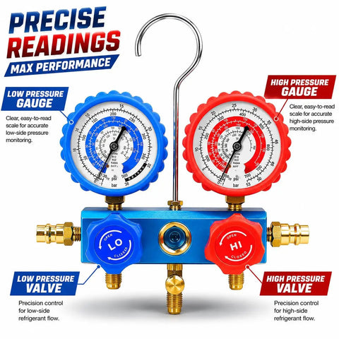 3.5 CFM HVAC Vacuum Pump 1 Quarter HP Pro Grade Refrigeration Tool With R134a R12 R22 R410a Compatibility Includes AC Manifold Gauge Can Tap Carrying Tote Quiet Operation with blue and red gauge set and valves