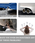 Loss of gas energy, exhaust flow problem, engine noise; woman holding head in frustration. Image highlights automotive exhaust issues.