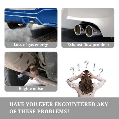 Loss of gas energy, exhaust flow problem, engine noise; woman holding head in frustration. Image highlights automotive exhaust issues.