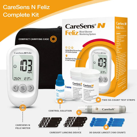 Feliz Blood Glucose Monitoring Kit With 100 Test Strips 100 Lancets 1 Blood Glucose Meter 1 Lancing Device 1 Control Solution And Travel Case.