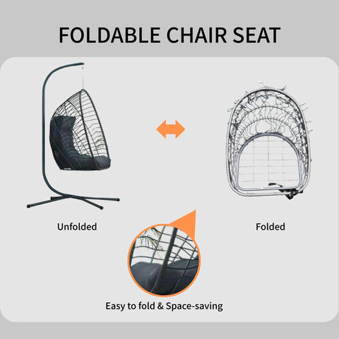 Folded and unfolded views of Egg Chair With Stand For Indoor Outdoor Use, Foldable Rattan Wicker Hanging Swing For Chill Lounging