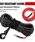 Beefed Up Heavy Duty Synthetic Winch Rope Three Eighths Inch Diameter Ninety Two Feet Long For 25000 Lb Recovery With Hook