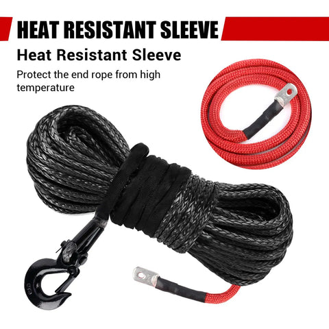 Beefed Up Heavy Duty Synthetic Winch Rope Three Eighths Inch Diameter Ninety Two Feet Long For 25000 Lb Recovery With Hook