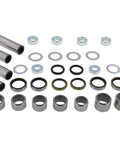 Swing Arm Linkage Bearing Kit For KTM SX F 250 2011 2012 2013 2014 2015 2016 2017 2018 Pro Grade Rebuild Set With Needle Bearings Case Hardened Bushings And Precision Ground Components For Smooth Power Delivery And Long Lasting Durability., laid out with needle bearings, bushings, washers and seals
