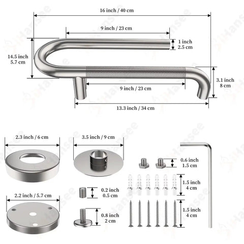 Built Tough 16 Inch Toilet Grab Bar Featuring Hefty Knurled Grip And Convenient Towel Hook for detailed measurements and parts.