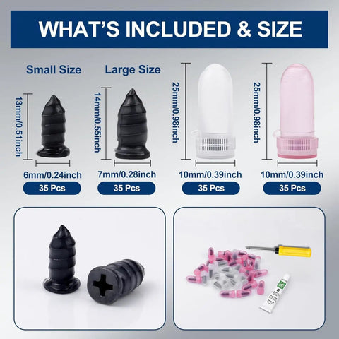 70 Piece Tire Repair Kit With Dual Size Rubber Nails For Car Truck Motorcycle And Tractor Punctures DIY Self Service Vacuum Spiral Screws 35 Small And 35 Large Nails For Quick Roadside Tire Repair On The Go, showing small and large sizes and included tools.