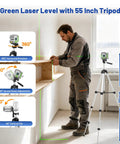 Green Laser Level With 55 Inch Tripod, Self Leveling 150 Ft Range, Pulse Mode Up To 200 Ft, Cross Line Tool For Picture Hanging, Tile, DIY And Construction, Rechargeable, Hard Case on 55-inch tripod