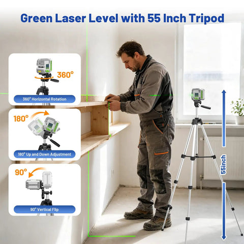 Green Laser Level With 55 Inch Tripod, Self Leveling 150 Ft Range, Pulse Mode Up To 200 Ft, Cross Line Tool For Picture Hanging, Tile, DIY And Construction, Rechargeable, Hard Case on 55-inch tripod