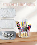 Alt Tag: Snag This Smooth Spinning Four Section Drink Packet Organizer With BPA Free Clear Plastic Material For Quick Coffee Sugar And Mix Access Stackable Pantry And Fridge Storage Solution, featuring clear design with pens and pencils.