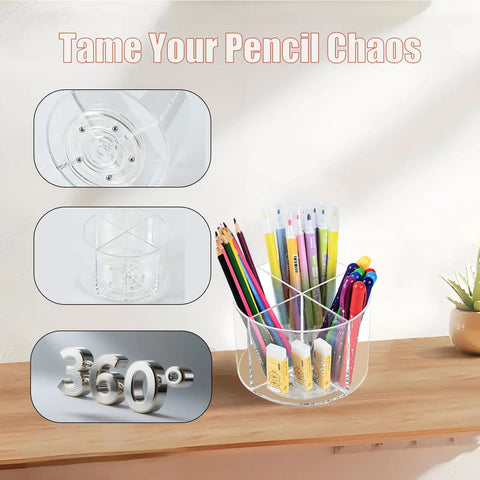 Alt Tag: Snag This Smooth Spinning Four Section Drink Packet Organizer With BPA Free Clear Plastic Material For Quick Coffee Sugar And Mix Access Stackable Pantry And Fridge Storage Solution, featuring clear design with pens and pencils.