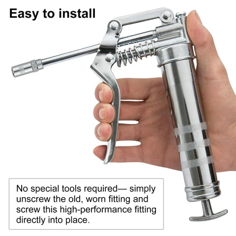 Person holding a steel grease gun showcasing Four Pack Heavy Duty Grease Gun Coupler Tips 1/8 In NPT Replacement Set for M18 M12 Cordless