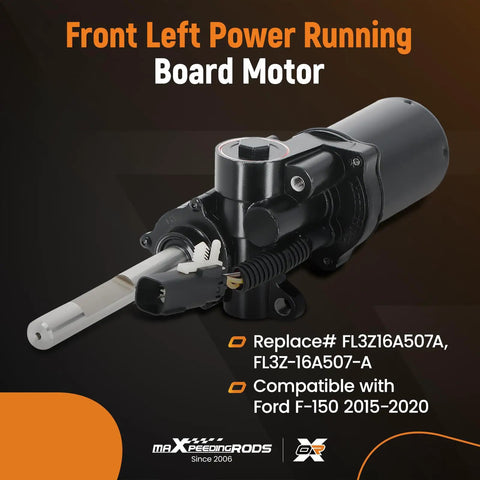 Power Running Board Motor For Ford F-150 2015 To 2020 Front Left Driver Replacement With OEM FL3Z16A507A FL3Z-16A507-A Durable Long Lasting Build And Universal Mounting Holes For Easy Bolt-On Install And Smooth Step Access. Black metal motor with wiring connector