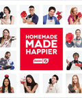 Group of people holding various red Dash kitchen appliances, promoting cooking joy and homemade meals.