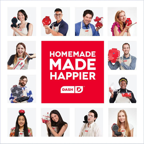 Group of people holding various red Dash kitchen appliances, promoting cooking joy and homemade meals.