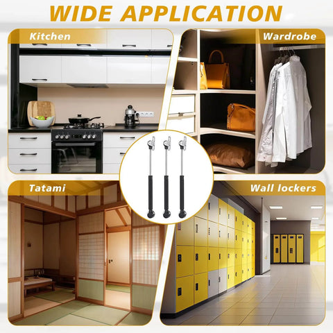 30 Pack 10 Inch Gas Struts For Cabinets And Doors With Soft Open Pneumatic Lift For RV Boat Hatch Furniture Lids 100N 22.5lb Heavy Duty Props Includes 29mm Mounts And 49 By 13 Mm Brackets shown in kitchen, wardrobe, tatami, and locker environments
