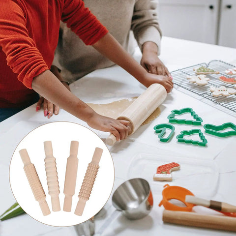 Children using 4 Piece Plasticine Rolling Pin Set With Wooden Handles For Dough, Embossing And Bakeware, Kid Friendly