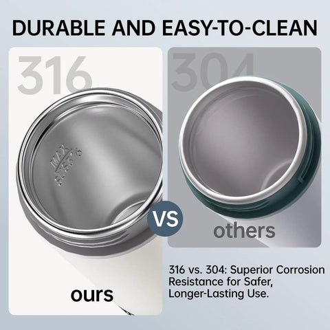 Comparison of 316 stainless steel interior versus 304, highlighting durability of Your Go-To Travel Kettle With LCD Touch Screen.