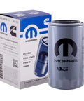Premium Oil Filter 5083285AA, direct replacement Mopar Chrysler, OEM-grade filtration, oil filter beside packaging box