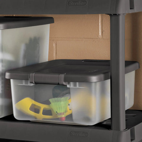 18 Pack Plastic Storage Bins With Lids 25 Quart Gray Shelf Totes Heavy Duty Durable Clear Containers Fits Standard Shelving Made In Usa on a shelf holding small toys.