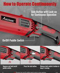 AVID POWER red angle grinder with side handle and paddle switch; infographic showing on/off operation steps.