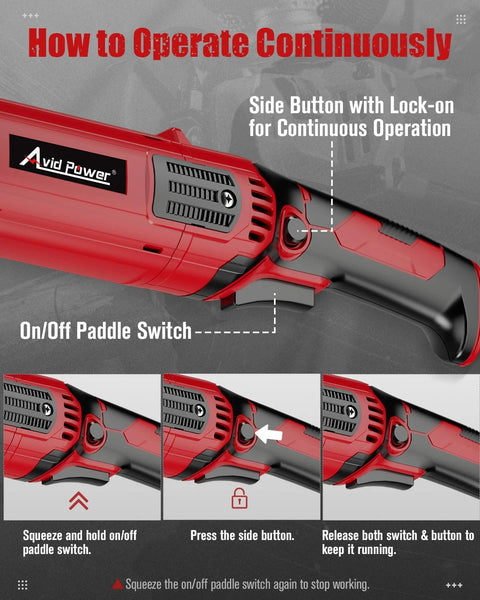AVID POWER red angle grinder with side handle and paddle switch; infographic showing on/off operation steps.