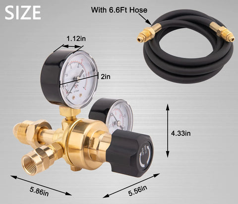 CGA580 Argon CO2 welding regulator with 6.6ft hose; brass body, dual gauges, black control knob