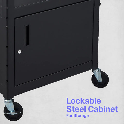 Lockable steel cabinet on adjustable height rolling AV cart mobile workstation with drop leaf shelves and power strip in black.