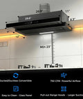30 Inch Under Cabinet Range Hood With 750 CFM Power, installed under kitchen cabinet, showcasing size, ducted convertible, touch control.