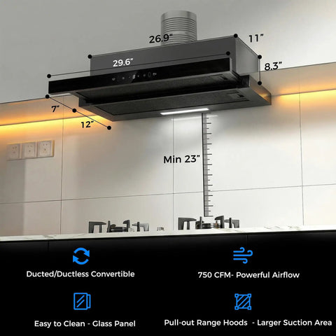 30 Inch Under Cabinet Range Hood With 750 CFM Power, installed under kitchen cabinet, showcasing size, ducted convertible, touch control.