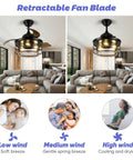 36 Inch Rustic Farmhouse Ceiling Fan With Light And Remote Black Metal Cage Fandelier With Retractable Blades in living room