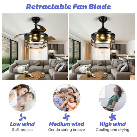36 Inch Rustic Farmhouse Ceiling Fan With Light And Remote Black Metal Cage Fandelier With Retractable Blades in living room