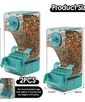 Slick Gravity Feed Bird Feeder Two Pack Clear Acrylic Seed Jar With Hassle Free Drop System And Easy Rinse Basin Keeps Cage Spotless For Budgies And Lovebirds In Bright Blue, featuring product dimensions.