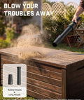 Straight Up Lightweight Cordless Leaf Blower With Three Speed Settings And Fast Type C Charging clearing dust from a patio table.