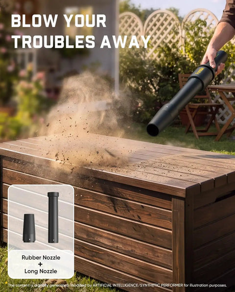 Straight Up Lightweight Cordless Leaf Blower With Three Speed Settings And Fast Type C Charging clearing dust from a patio table.