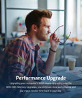 Person sitting at a desk in an office environment with text about performance upgrade and RAM memory upgrade benefits visible.
