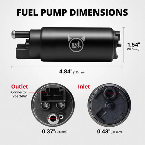 EFI 255LPH Electric In Tank Fuel Pump High Flow 43 PSI Kit dimensions with outlet and inlet details
