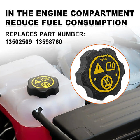 Radiator Expansion Tank Cap Replacement Fits Chevy GMC Cadillac Buick Saab Dodge Jeep Compatible With 13502509 shown on a coolant tank