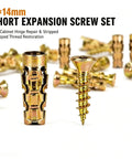 Six By Fourteen Millimeter Short Expansion Screw Set For Cabinet Hinge Repair And Fixing Loose Stripped Wood Holes With Tough Nylon Anchors To Knock Out Door Wobble Cold, featuring screws and nylon anchors.