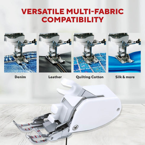 Walking foot for low-shank sewing machines; white universal presser foot shown with denim, leather, quilting cotton, silk.