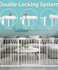 Extra Wide Baby Gate 38.6 To 43.3 Inches Walk Through Pressure Mount Auto Close White Metal Gate showing double locking system