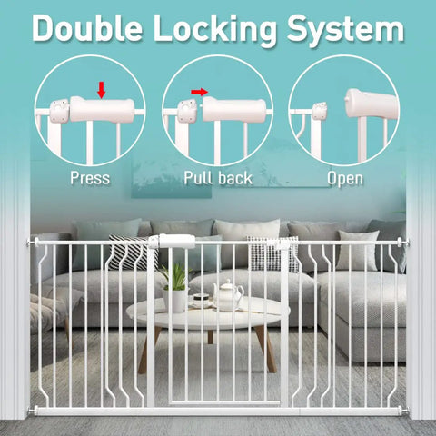 Diagram showing double locking system on Extra Wide Walk Through Baby Gate 43 To 48 Inches, Pressure Mounted Auto Close, White Metal Barrier.
