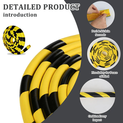 Hella Durable Foam Wall Corner Guards 197 Inches Yellow Black Stripes heavy duty foam tape rolled for impact protection.