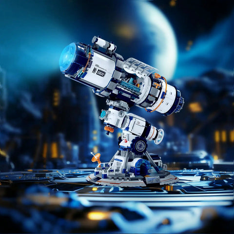 Space Telescope Building Set for Adults With Lights and Rotating Lens 995 Piece Kit for Space Lovers Cool Planet Exploration Toy Ideal Gift for Space Nerds and Curious Minds 14 Plus, blue telescope model on base