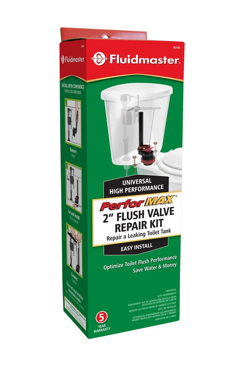 Packaging of PerforMAX Universal High Performance 2 Inch Toilet Flush Valve Repair Kit With Gasket And Bolts For Quick Easy Install
