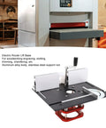 Rock Solid Aluminum Router Table Base With A Snug 51mm Manual Lift And Rust Proof Steel Supports Sized For 64 To 66mm Trimmers viewed from side angle.