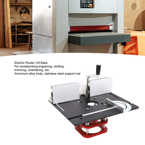 Rock Solid Aluminum Router Table Base With A Snug 51mm Manual Lift And Rust Proof Steel Supports Sized For 64 To 66mm Trimmers viewed from side angle.