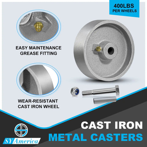 Beefy 4 Inch Cast Iron Caster Wheels Set Of 4, Industrial Metal Casters With Semi-Steel Build, 1600 Lb Capacity, 2 Swivel, 2 Rigid
